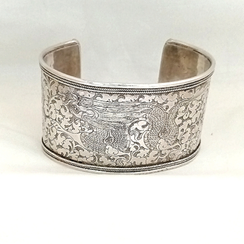 Dragon Etched Sterling Silver Cuff Bracelet